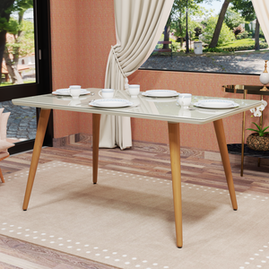 Mesa Retangular 4 Lugares com Pés Palito e Tampo de Vidro Mdf:off White