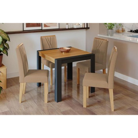 Conjunto: Mesa Sala Jantar Grace Tampo Madeirado 90x90cm e 4 Cadeiras Nicole Nature/suede Joli