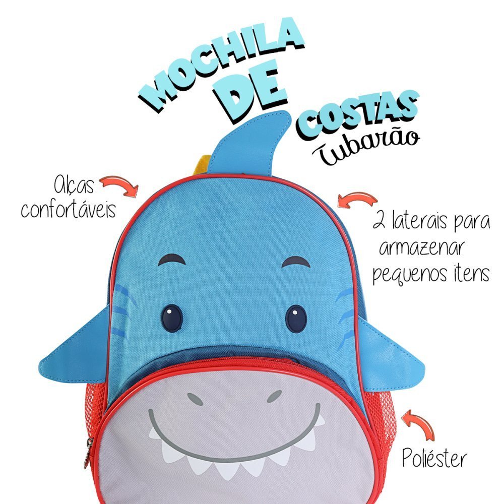 Mochila Infantil Alças de Costas Reforçada Tubarão 16l - 8