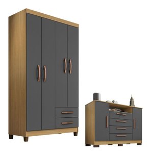 Guarda Roupa Solteiro Modena 4 Portas e Cômoda Madri Carvalho Americano Grafite – Incorplac