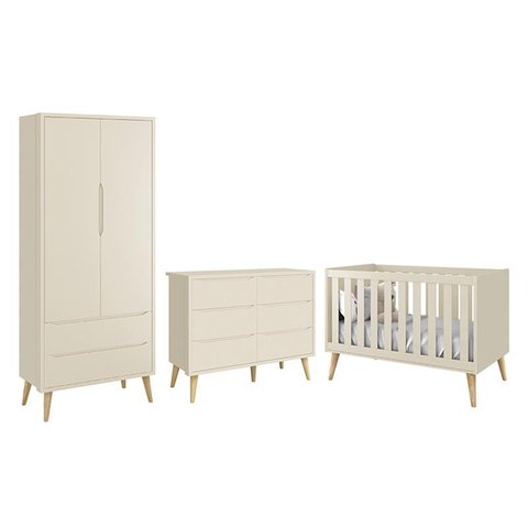 Dormitório Completo Infantil Theo 2 Portas, Cômoda 6 Gavetas e Berço Areia Fosco com Pés Madeira