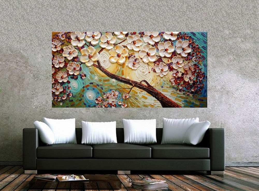 Quadro Pintura Tela Arvores e Flores Modernas Em Altos Relevos 2081: 60cm (A) x 110cm (L) - 2