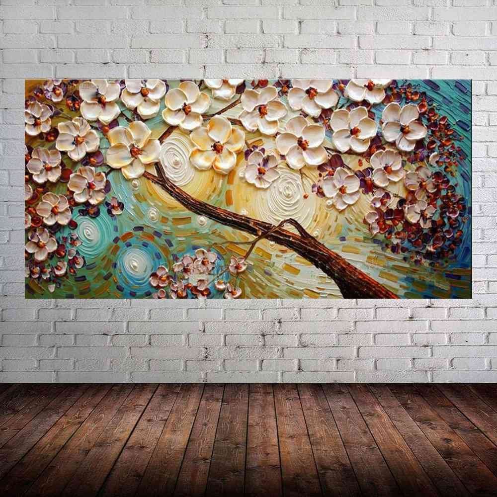 Quadro Pintura Tela Arvores e Flores Modernas Em Altos Relevos 2081: 60cm (A) x 110cm (L) - 1