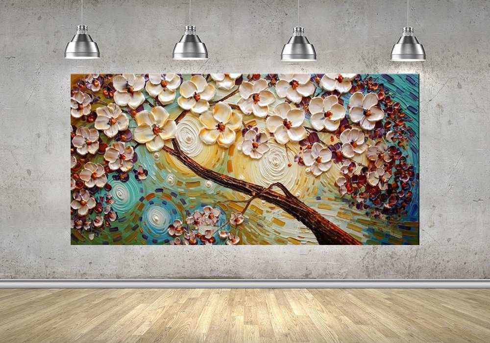 Quadro Pintura Tela Arvores e Flores Modernas Em Altos Relevos 2081: 60cm (A) x 110cm (L) - 4