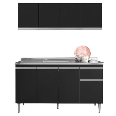 Balcão de Pia Tatiane 145 Cm e Armário Aéreo Andréia 4 Portas 150 Cm Preto Fosco - Ajl