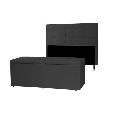 Kit Cabeceira e Calçadeira Baú Casal Queen 1,60m Roma Material Sintético Preto Dal Poz Estofados