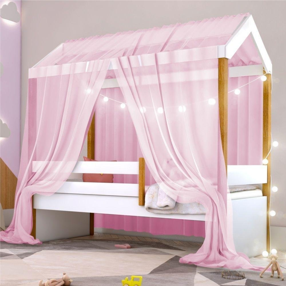 Cama Montessori Cabana Com Cordão Led E Dossel Rosa - 2