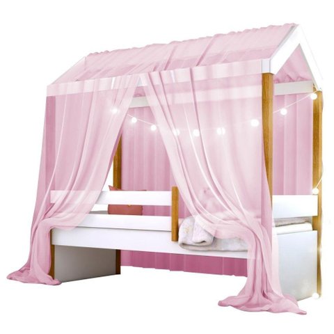 Cama Montessori Cabana Com Cordão Led E Dossel Rosa