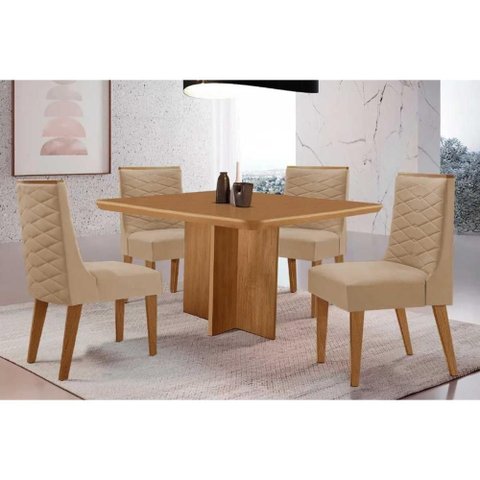 Conjunto: Mesa Sala Jantar Berlim Curvo 90cm + 4 Cadeiras Dafne Naturale - Linho Bege - Rufato