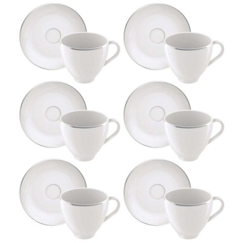 Jogo 6 Xícaras de Café com Pires Porcelana 100ml Tramontina Atena Branca Mesa Posta Chá