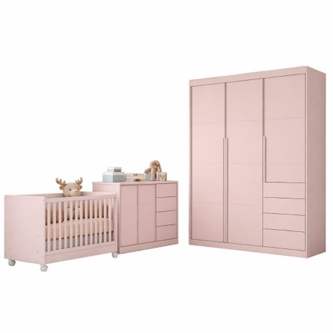 Quarto de Bebê Completo Pérola com Guarda Roupa 3 Portas, Cômoda 2 Portas e Berço Mini Cama Rosa
