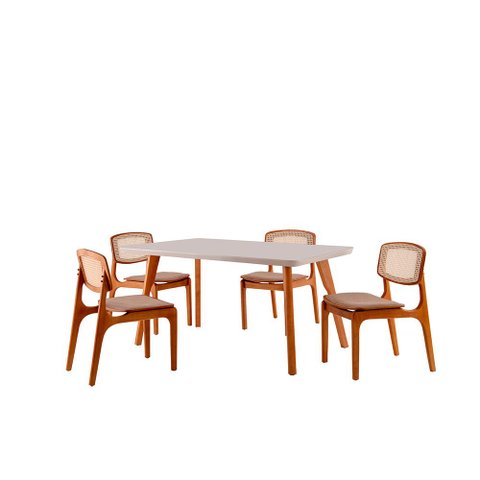 Sala de Jantar Mesa Malta 120cm Tampo Laqueado com Vidro Canto Moeda e 4 Cadeiras Malta Premium