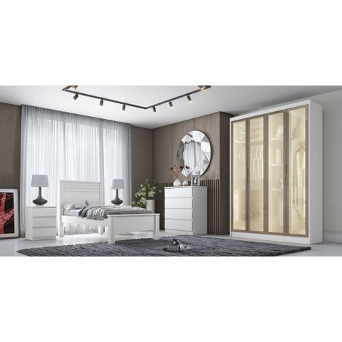 Guarda Roupa Casal Moderni Glass Reflecta 4 Portas de Bater 3 Gavetas MDP Neve Móveis Novo