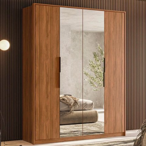 Guarda Roupa Casal 4 Portas com Espelho e 3 Gavetas Grécia Nogueira Touch
