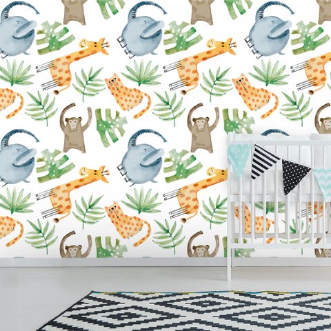 Papel de Parede Infantil - Safari Aquarela Arte Destaque 3 Metros