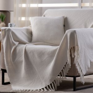 Manta Decorativa para Sofá Boho Hebrom Off White Fastlar Manta 100% Algodão 140x200cm