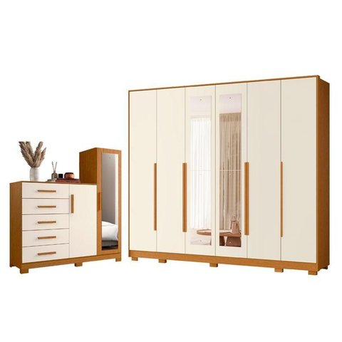 Guarda Roupa Casal Mercure com Espelho 6 Portas e Cômoda New Master 02 Portas e 05 Gavetas Cinamomo