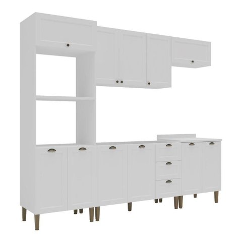 Armário Cozinha Americana Modulada Completa 260cm 5 Peças com Balcão Multimóveis Cr20495 Branco