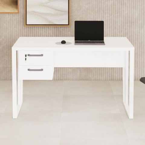 Mesa Escrivaninha Industrial 120cm Tampo 30mm com 2 Gavetas Pés em Metal F5 Office Cor:Branco