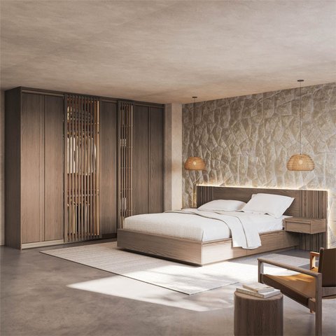 Kit Guarda Roupas 7 Portas e Cama Casal/Queen com LED Seringal CabeCasa MadeiraOriginals Marrom/Nogal