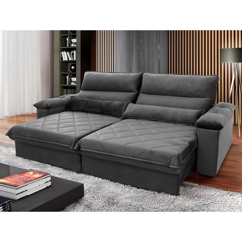 Sofá Retrátil/Reclinável Grécia 3,00m Suede Velut Cinza c/ Molas no Assento - King House