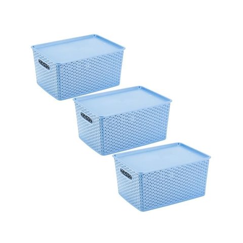 3 Caixas Organizadoras com Tampa Grande 15 Lts Rattan Azul