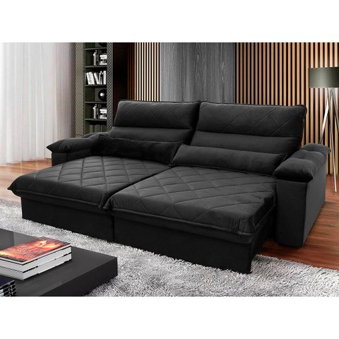 Sofá Retrátil/Reclinável Grécia 2,70m Suede Velut Preto c/ Molas no Assento - King House