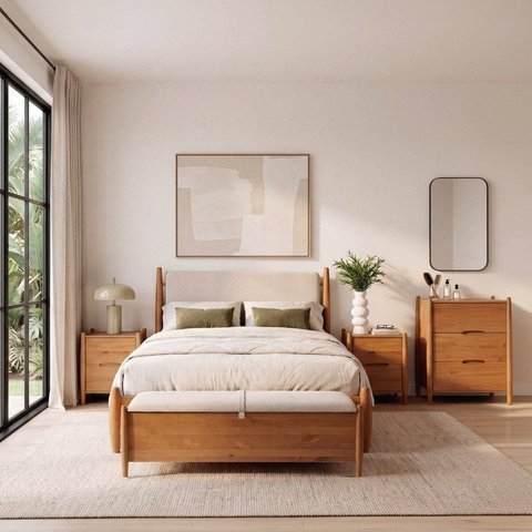 Conjunto Cama Casal com Mesas de Cabeceira, Cômoda 3 Gavetas e Baú Baru CabeCasa MadeiraOriginals