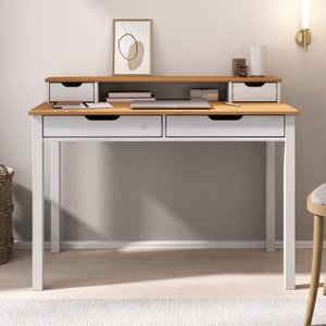 Mesa de Estudo Quarto Retrô Minimalista Madeira 2 Nichos Branco Freijó Raul Idimex