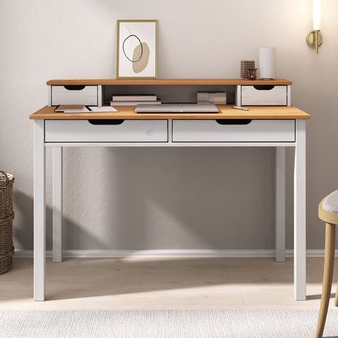 Mesa de Estudo Quarto Retrô Minimalista Madeira 2 Nichos Branco Freijó Raul Idimex