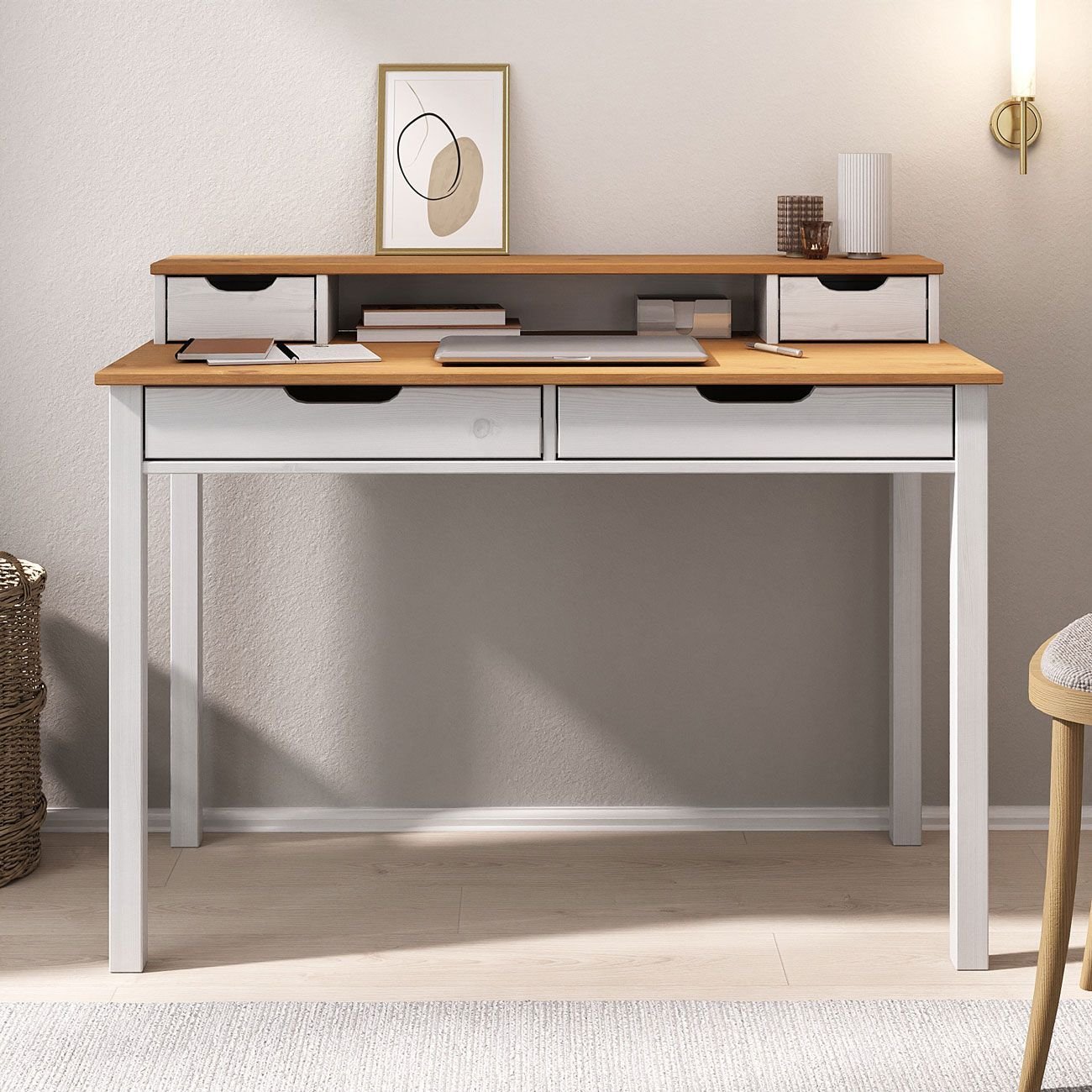 Mesa de Estudo Quarto Retrô Minimalista Madeira 2 Nichos Branco Freijó ...