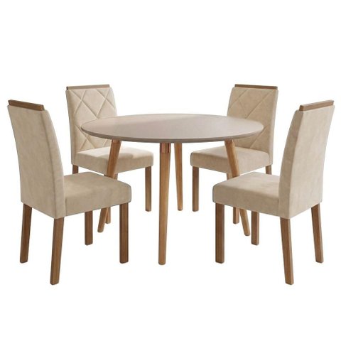 Mesa de Jantar Redonda Dani Mdf com 4 Cadeiras Estofadas Suede Off White Nude Molci
