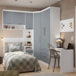 Quarto de Canto Solteiro com Guarda Roupas Cabeceira e Escrivaninha Alpes Luciane Móveis - 2