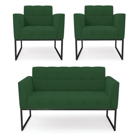 Kit 1 Sofá Namoradeira e 2 Poltronas Elisa Veludo Verde Base Metálica Industrial Preto - D'Rossi