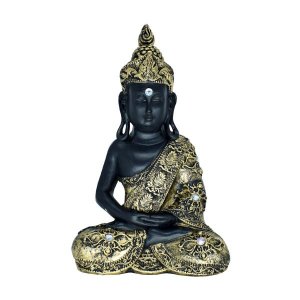Buda Pedra 30cm Gesso Preto Ouro