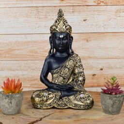 Buda Pedra 30cm Gesso Preto Ouro - 3