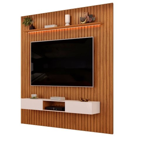 Painel para Tv até 85 Polegadas 2,50m Ripado Autêntico com Led e Nicho Montreal Madeirado/off