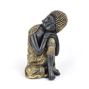 Buda Ajoelhado 25cm Gesso Preto/ouro