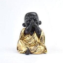Trio de Buda Gordinho 15cm Gesso Preto/ouro - 4