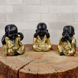 Trio de Buda Gordinho 15cm Gesso Preto/ouro - 5