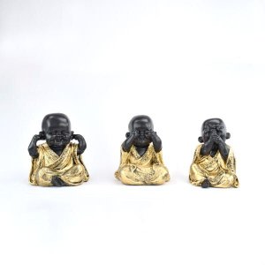 Trio de Buda Gordinho 15cm Gesso Preto/ouro