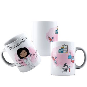 Caneca Branca de Porcelana Profissões Fofas Farmaceutica