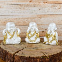 Trio de Buda Gordinho 15cm Gesso Perolizado - 5
