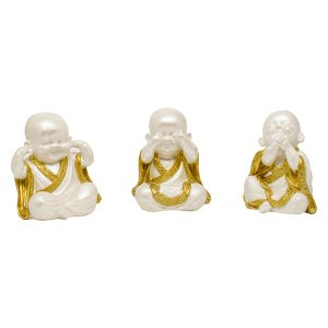 Trio de Buda Gordinho 15cm Gesso Perolizado