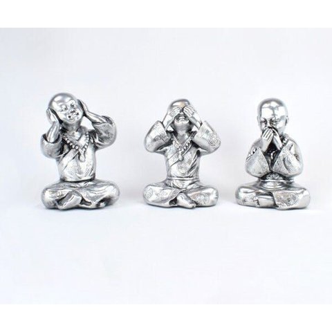 Trio de Buda 15cm Médio Gesso Prata