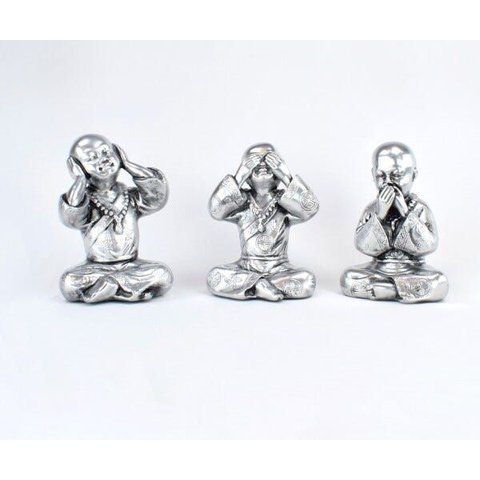 Trio de Buda 15cm Médio Gesso Prata