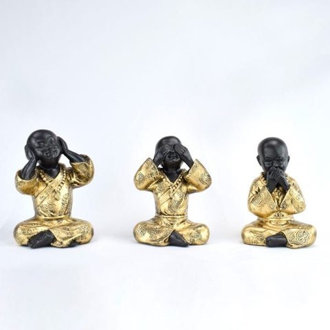 Trio de Buda 15cm Médio Gesso Preto/ouro