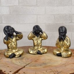 Trio de Buda 15cm Médio Gesso Preto/ouro - 5