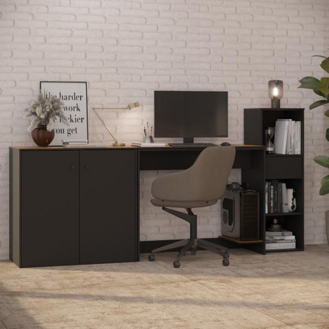 Conjunto de Escritório 3 Peças Noruega Office Mesa Armário e Aparador - Via Nossa - Preto e Cedro