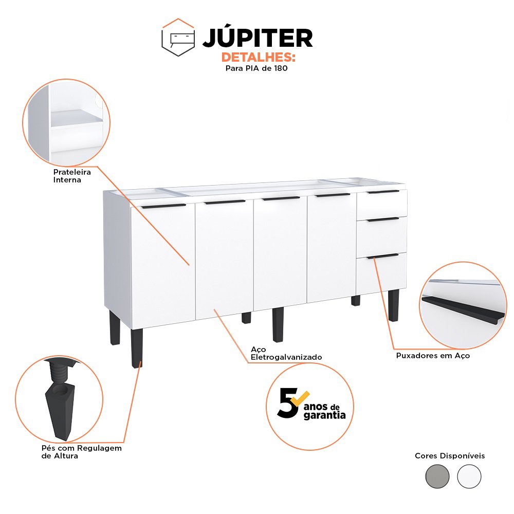 Gabinete Cozinha em Aço Júpiter 180 3 Gavetas Branco - Cozimax